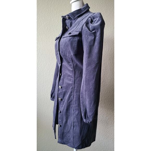 Forever 21 Corduroy Mini Shirt Dress Small Button Up Long‎ Puff Sleeves Preppy - Picture 7 of 12